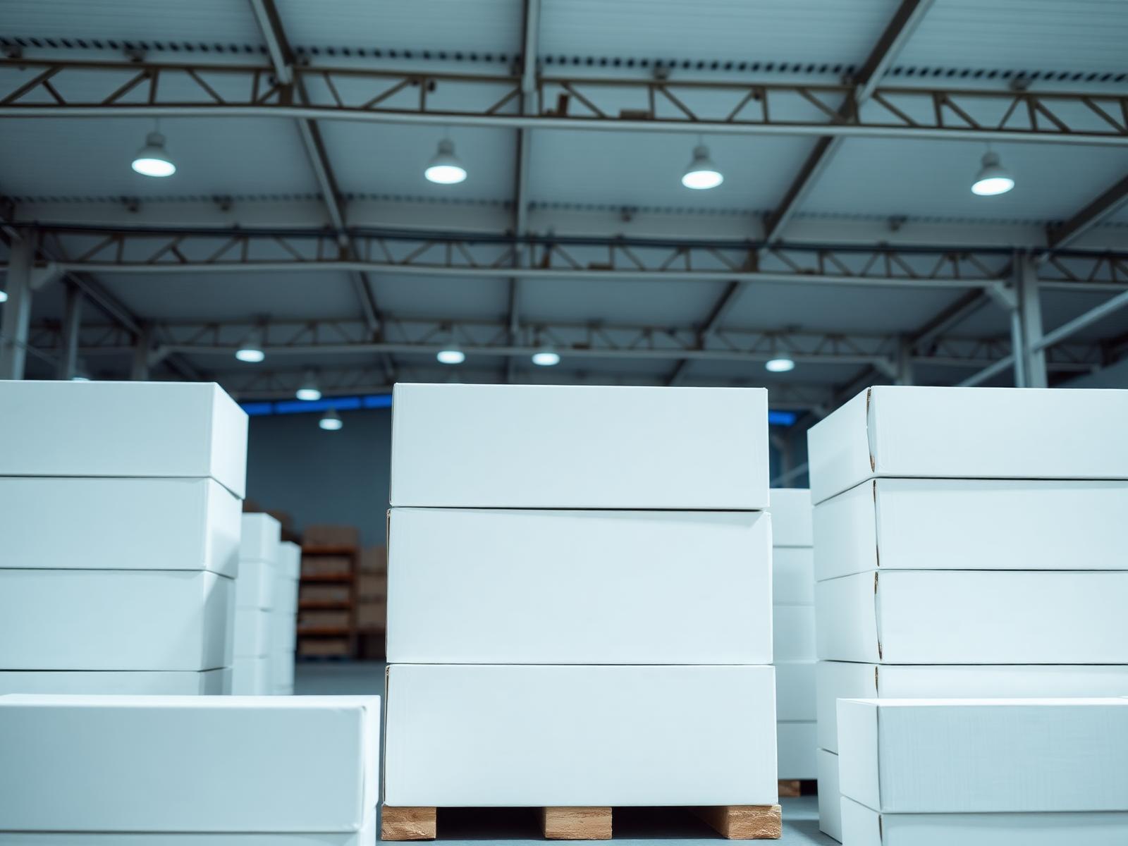 White corrugated packaging boxes stacked in a clean warehouse